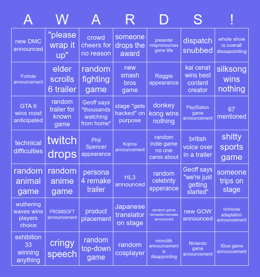 GAME AWARDS 2025 BINGO Card