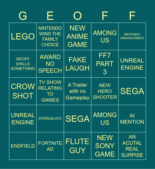 GAME AWARDS Bingo Card