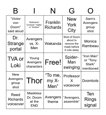 Avengers: Doomsday Trailer Bingo Card