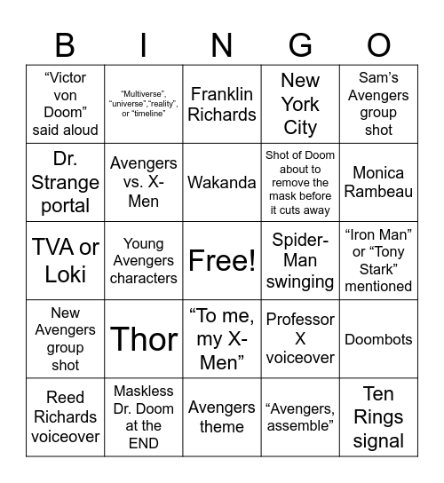 Avengers: Doomsday Trailer Bingo Card