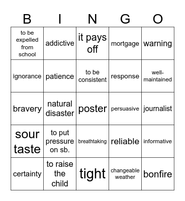 Vocab revision Bingo Card