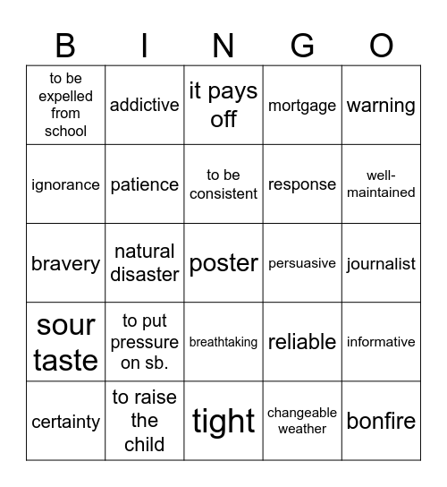 Vocab revision Bingo Card