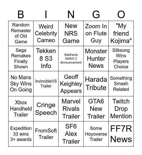 GAME AWARDS BINGO Card