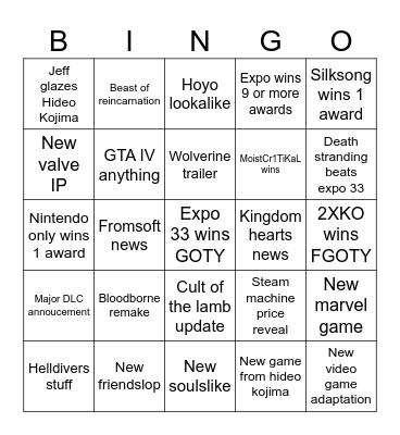 TGA bingo Card