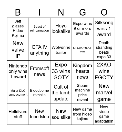 TGA bingo Card