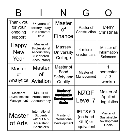 MUC Academic Preparation for Postgraduate Studies Bingo Card
