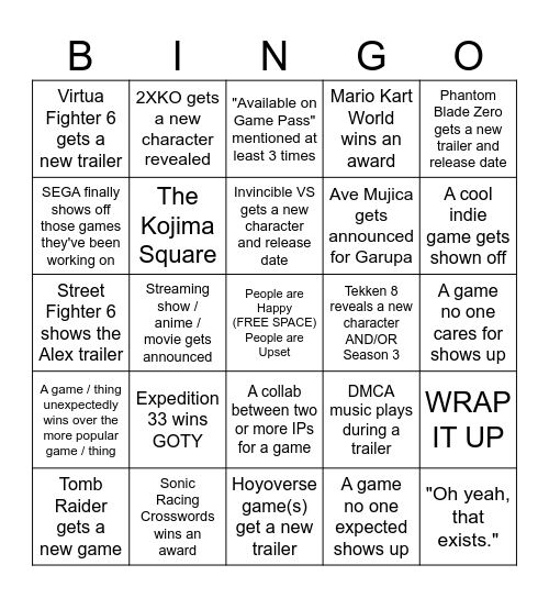 The Game Awards 2025 Bingo Card