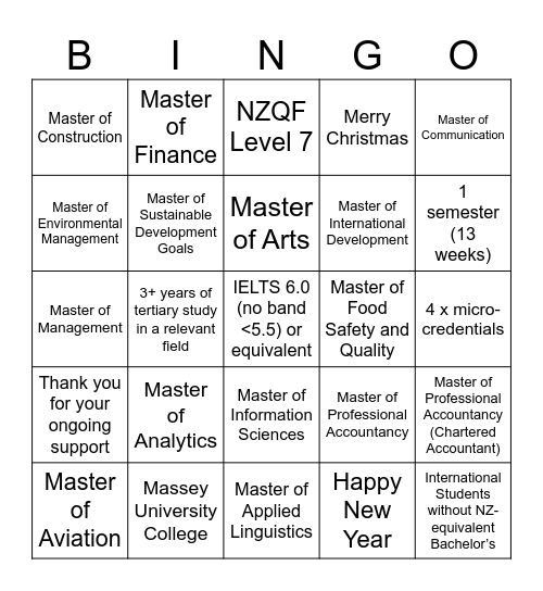 MUC Academic Preparation for Postgraduate Studies Bingo Card