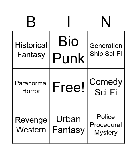Book genre challenge Bingo Card