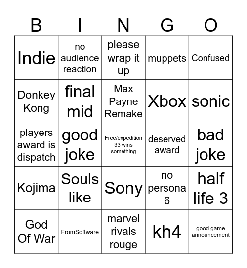 Game awards Bingo Card