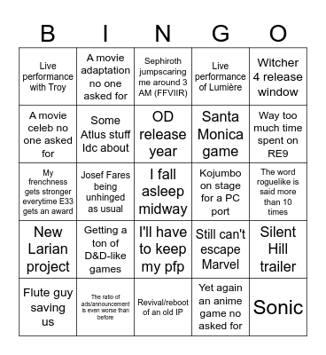 TGA experience Bingo Card