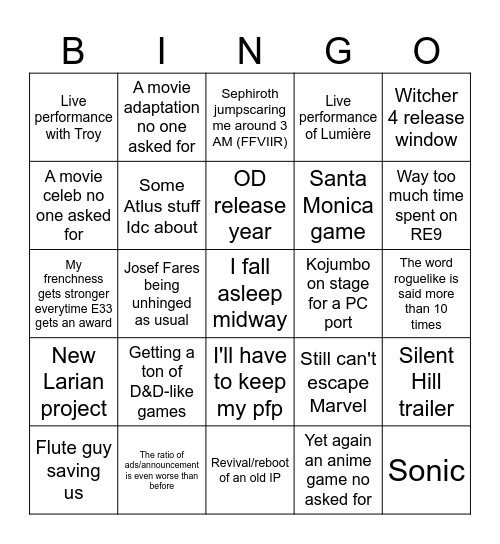 TGA experience Bingo Card