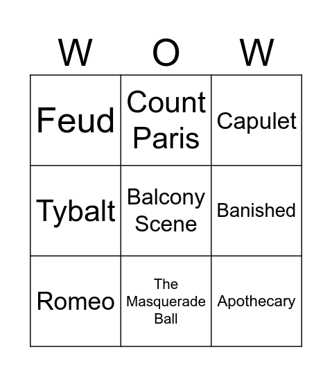 Romeo & Juliet Bingo Card
