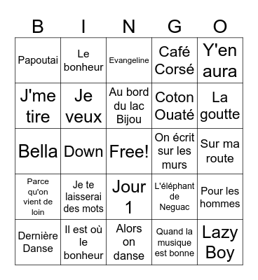 Musiques en français Bingo Card