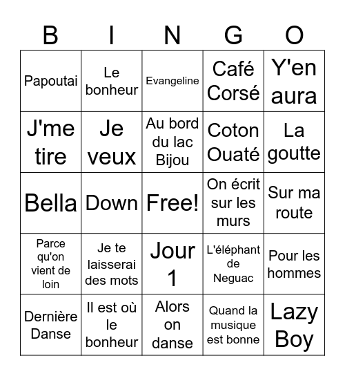 Musiques en français Bingo Card