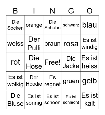 Weather, Clothes, Colors Bingo Card