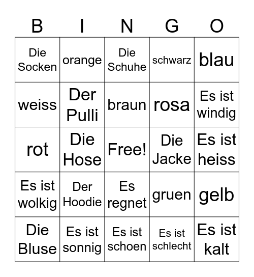 Weather, Clothes, Colors Bingo Card