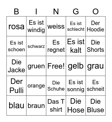 Weather, Clothes, Colors Bingo Card