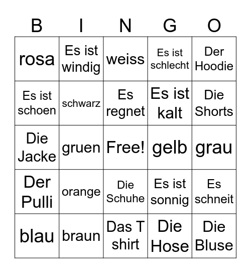 Weather, Clothes, Colors Bingo Card