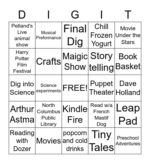 Dig into Reading Bingo Card