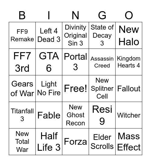 Game Awards Bingo Card