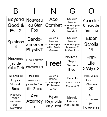 Game Awards 2025 Bingo Card