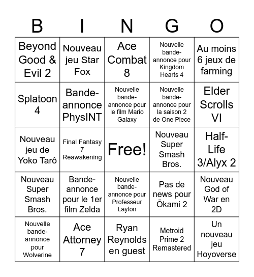 Game Awards 2025 Bingo Card