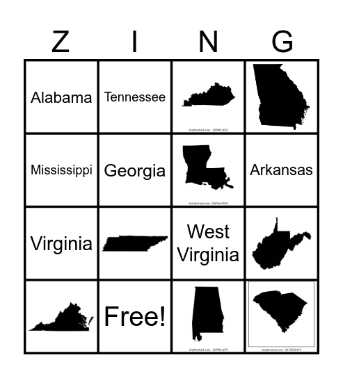 4th Grade Southeast States Bingo Card