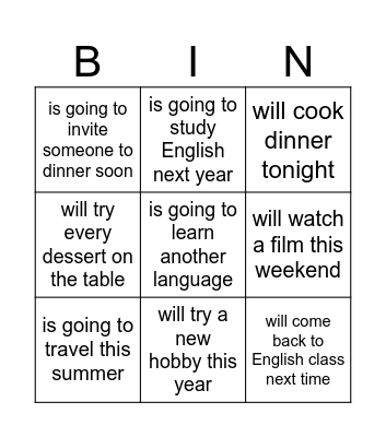 Find Someone Who… (Future Tense Game) Bingo Card