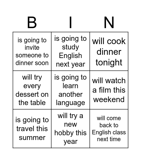 Find Someone Who… (Future Tense Game) Bingo Card