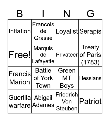 Chapter 6 Vocabulary Bingo Card