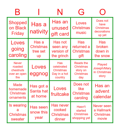 Christmas Ice Breaker Bingo Card