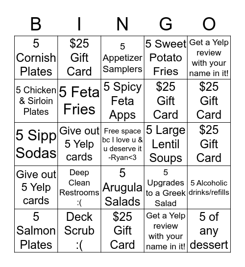 Luna Grill Scripps Ranch Holiday Bingo Card