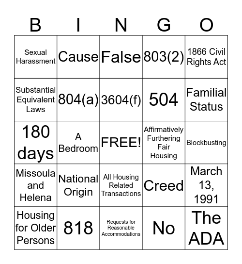 Montana Fair Housing Bingo Card