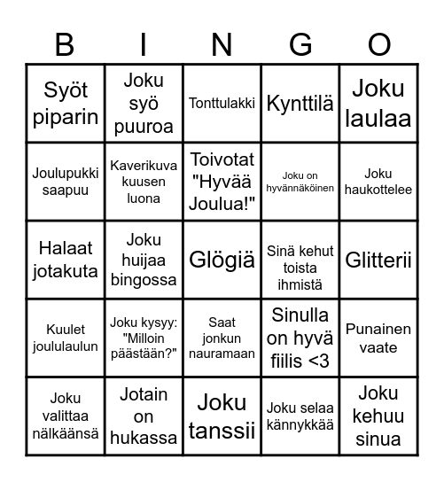Juhlabingo. Kun saat neljän suoran, huuda BINGO! Bingo Card