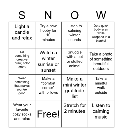 Winter Wellness Bingo Card