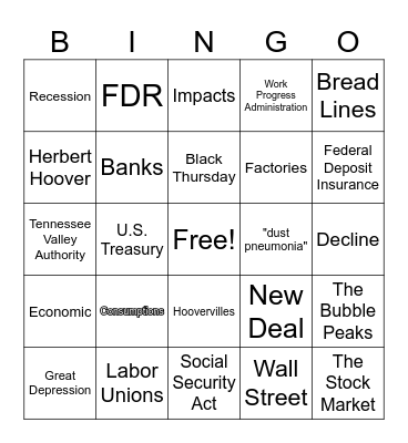 Great Depression Bingo Card