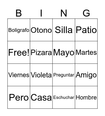 Espanol Bingo Card