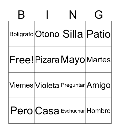 Espanol Bingo Card