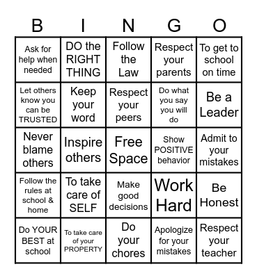 RESPONSIBILITY Bingo Card