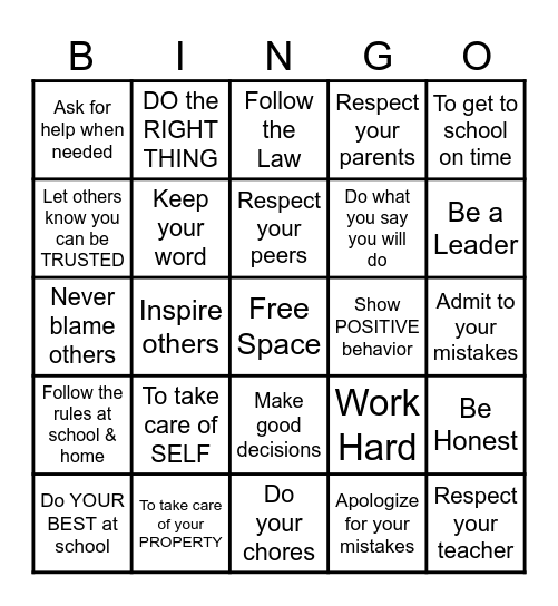 RESPONSIBILITY Bingo Card