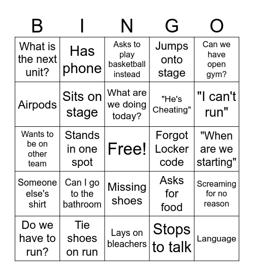 Wolcott PE Bingo Card