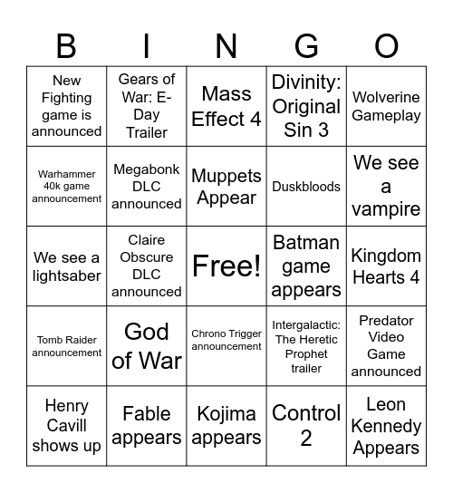 The Game Awards 2025 predictions Bingo Card