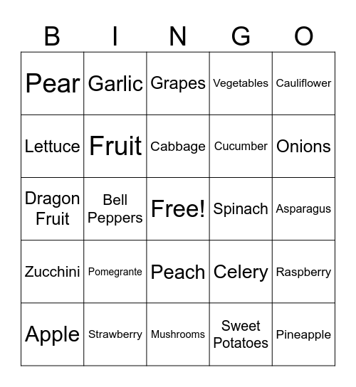 Fruits and Veggies Bingo Card