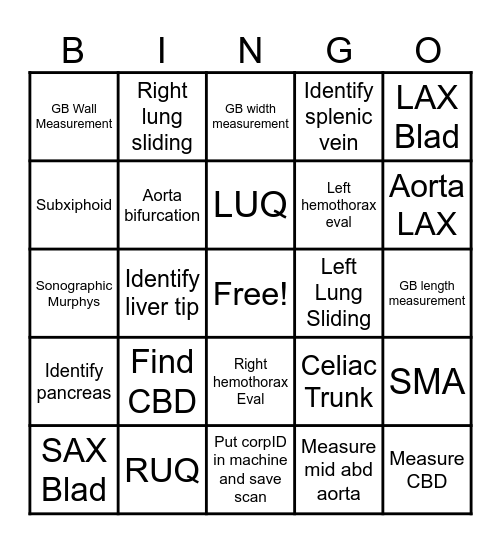 HFH EMGR Abdominal US Bingo Card