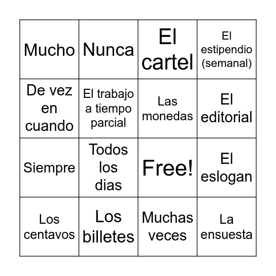 Spanish Bingo Card