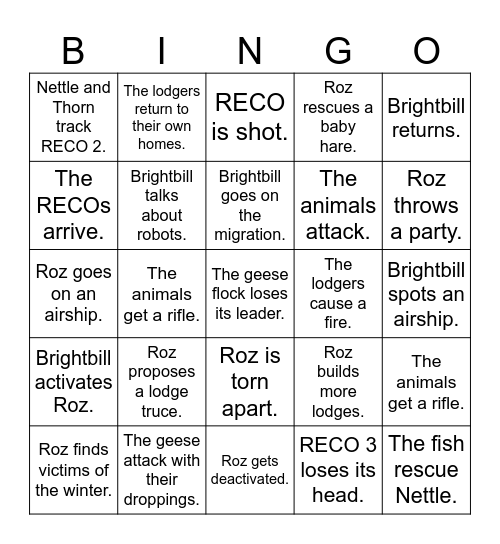 The Wild Robot Part 2 Bingo Card