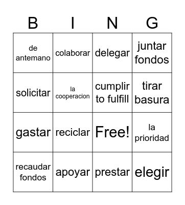 Spanish Vocabulary Bingo Card