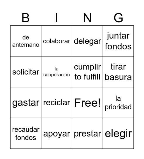 Spanish Vocabulary Bingo Card