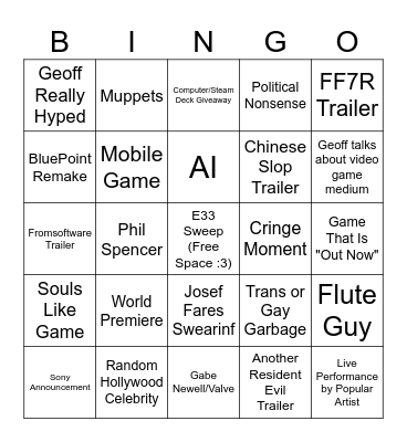 Game Awards 2025 Bingo Card